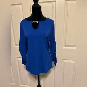 Women's Cobalt Blue Long Sleeve Keyhole Top with Chain Accent